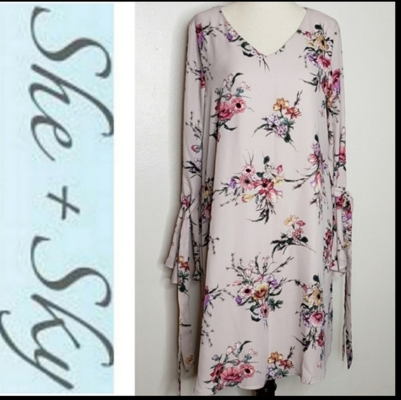 NEW  She&Sky Dress Lilac Floral Bell Sleeve Ties Sexy Mini Bohemian Castlecore - Picture 3 of 16